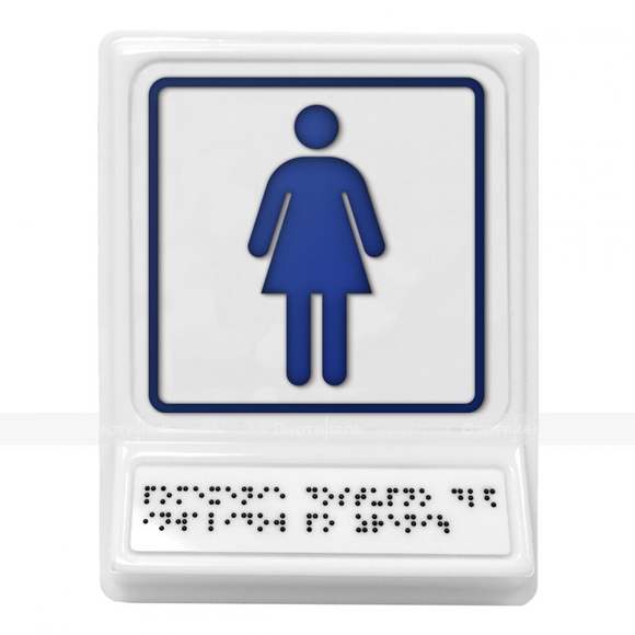Пиктограмма с дублированием информации по системе Брайля на наклонной площадке «Женский туалет», син