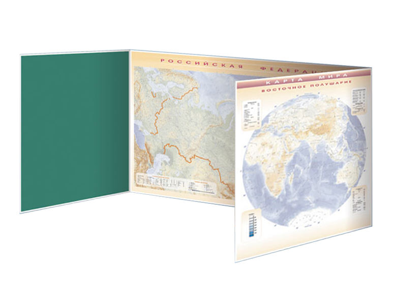 Панорамная трехэлементная комбинированная магнитно-маркерная доска "Карта мира" с комплектом  темати